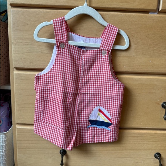 Vintage 90s Hand Sewn Gingham Red Embroidered Sailboat Shortalls Size 6-12 Month - Picture 2 of 5
